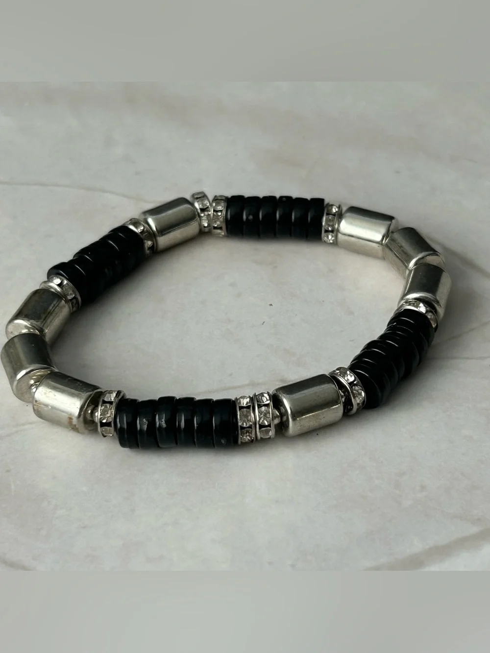 Black and Silver Beaded Stretch Bracelet